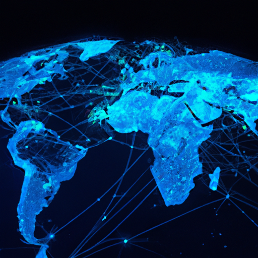 מפת העולם עם רשתות מורכבות של סחר עולמי מודגשות בכחול